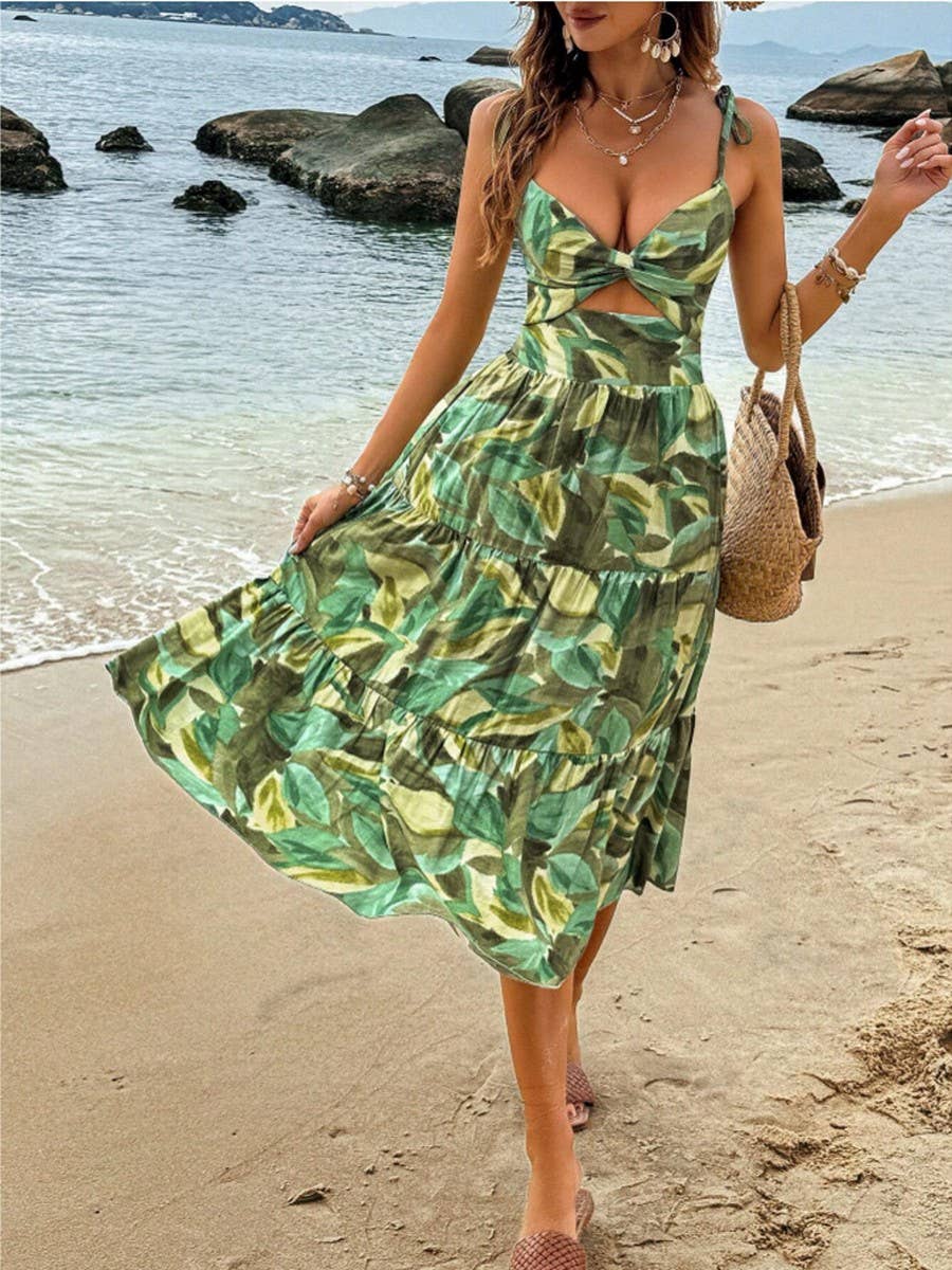 Holiday casual halter print kink cutout dress