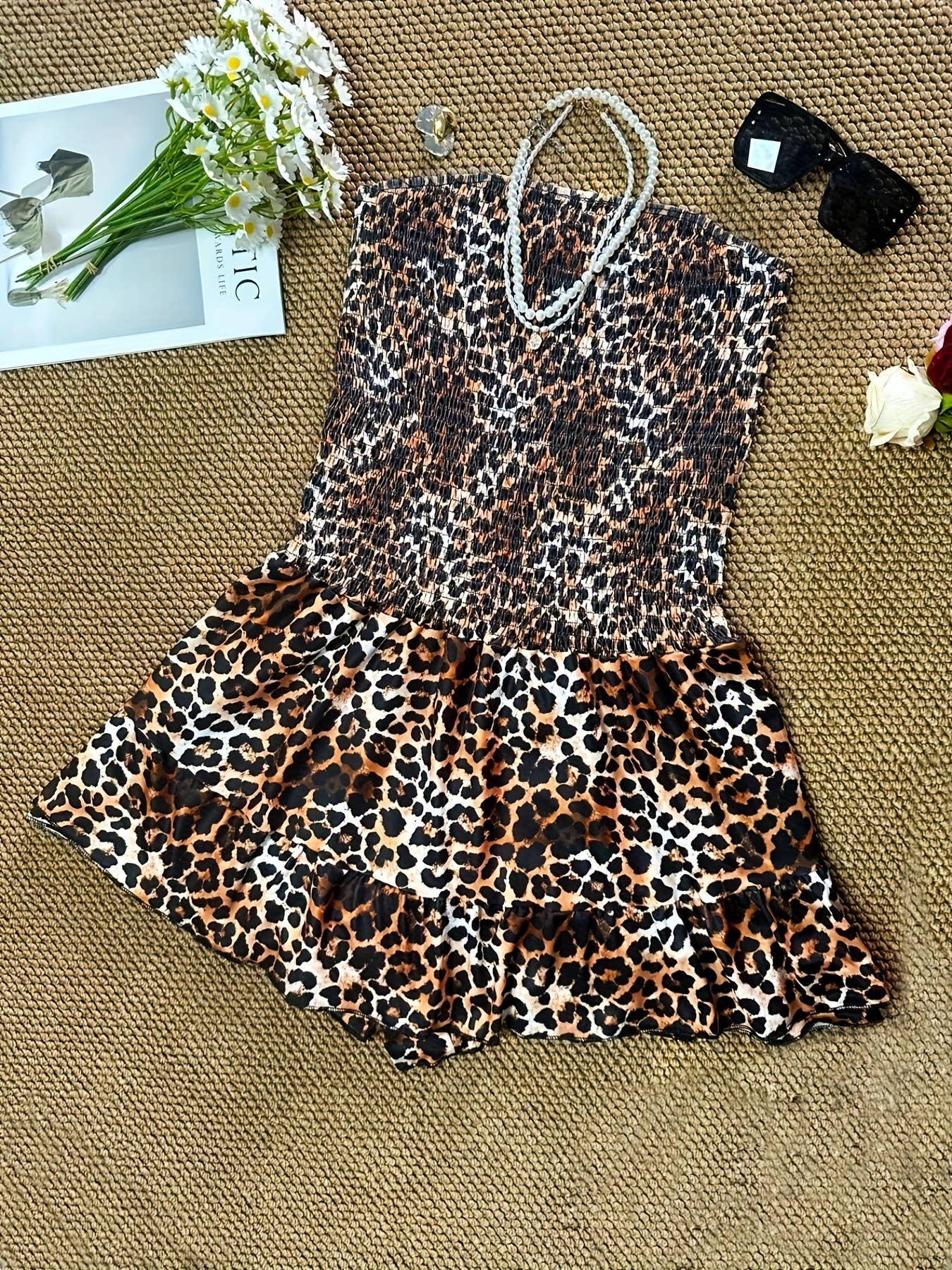 Leopard print strapless sexy pantyskirt dress