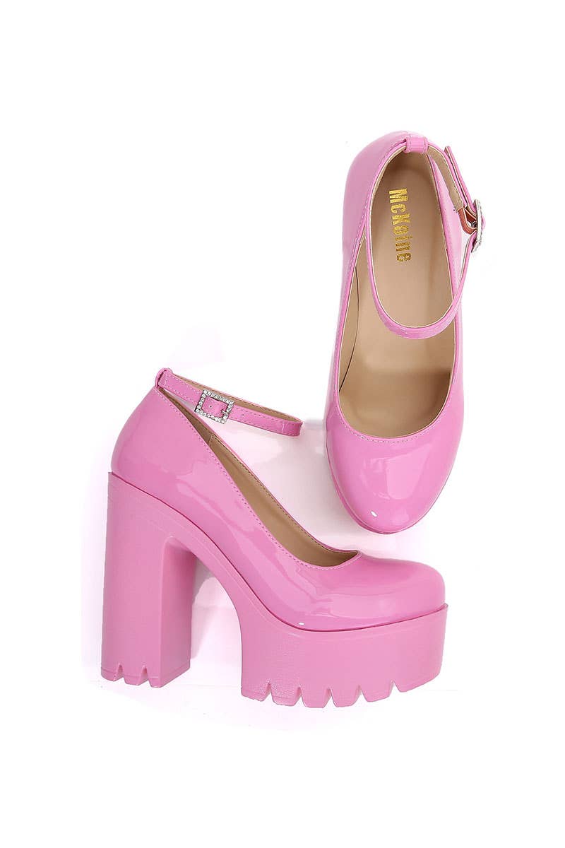 WOMEN PINK CHUNKY HEELED ANKLE STRAP ROUND PUMPS