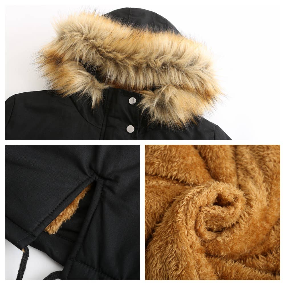 HOODED FUR COLLAR AND FLEECE PADDED JACKET