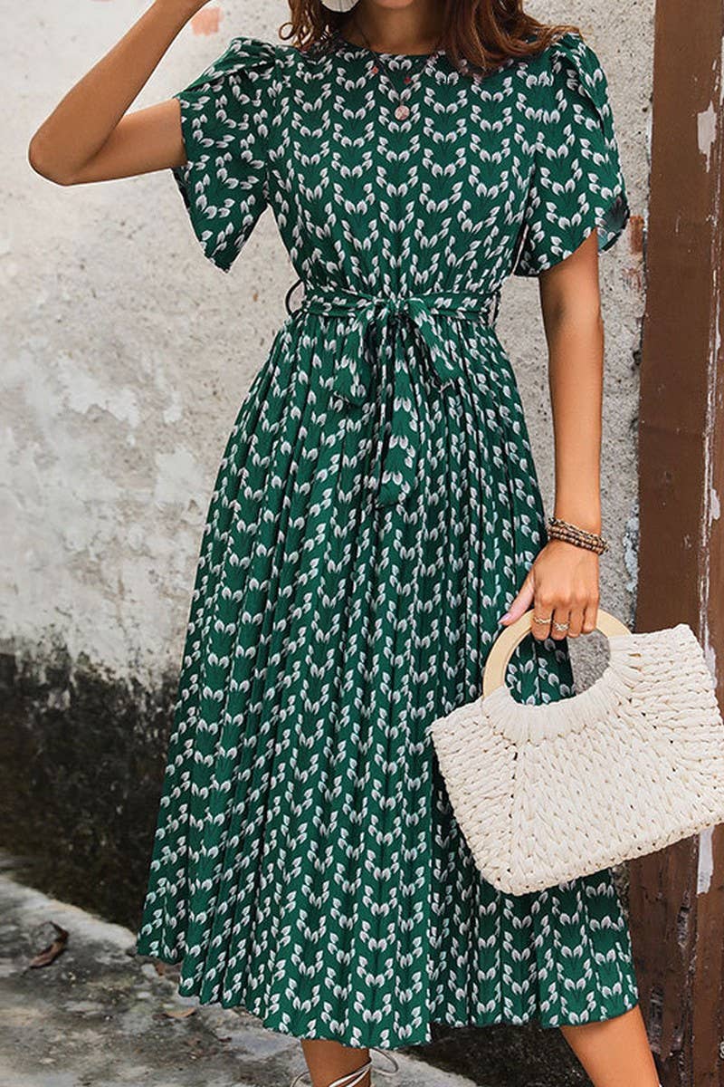 CWDSD2769_Round Neck Short Sleeve with Tie Dress