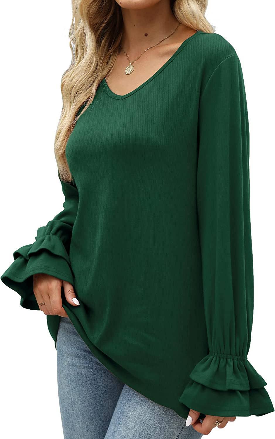 FLARED LONG SLEEVE SOLID COLOR T-SHIRT BLOUSE