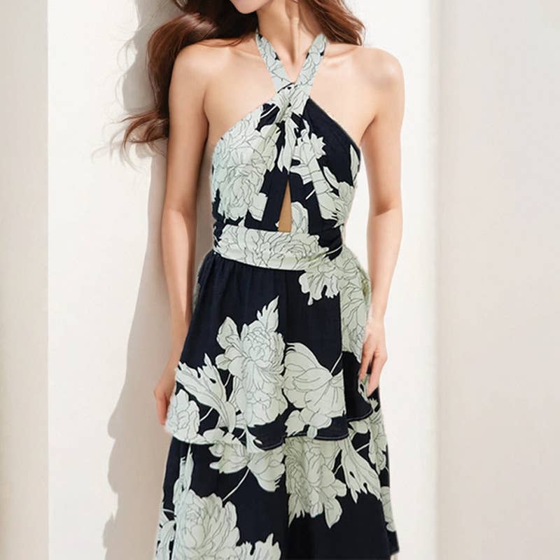 Sexy floral long cake dress with halter cutout