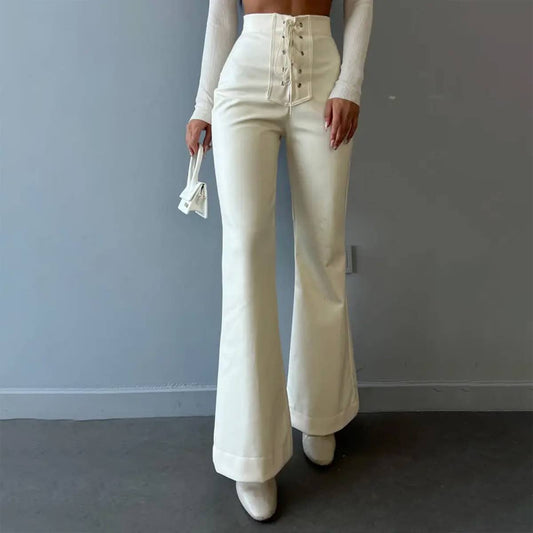 WOMEN STRAP TIED HIGH WAIST BOOT CUT LONG PANTS_CWBLP0346