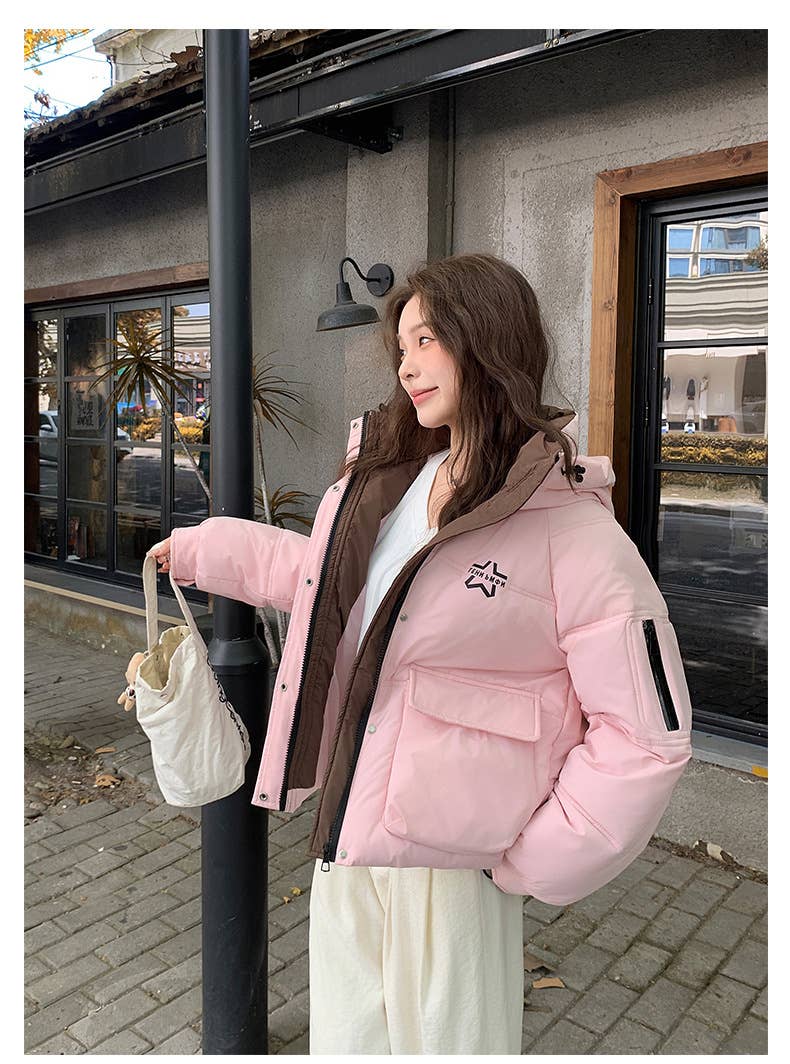 Solid color hooded warm winter padded jacket