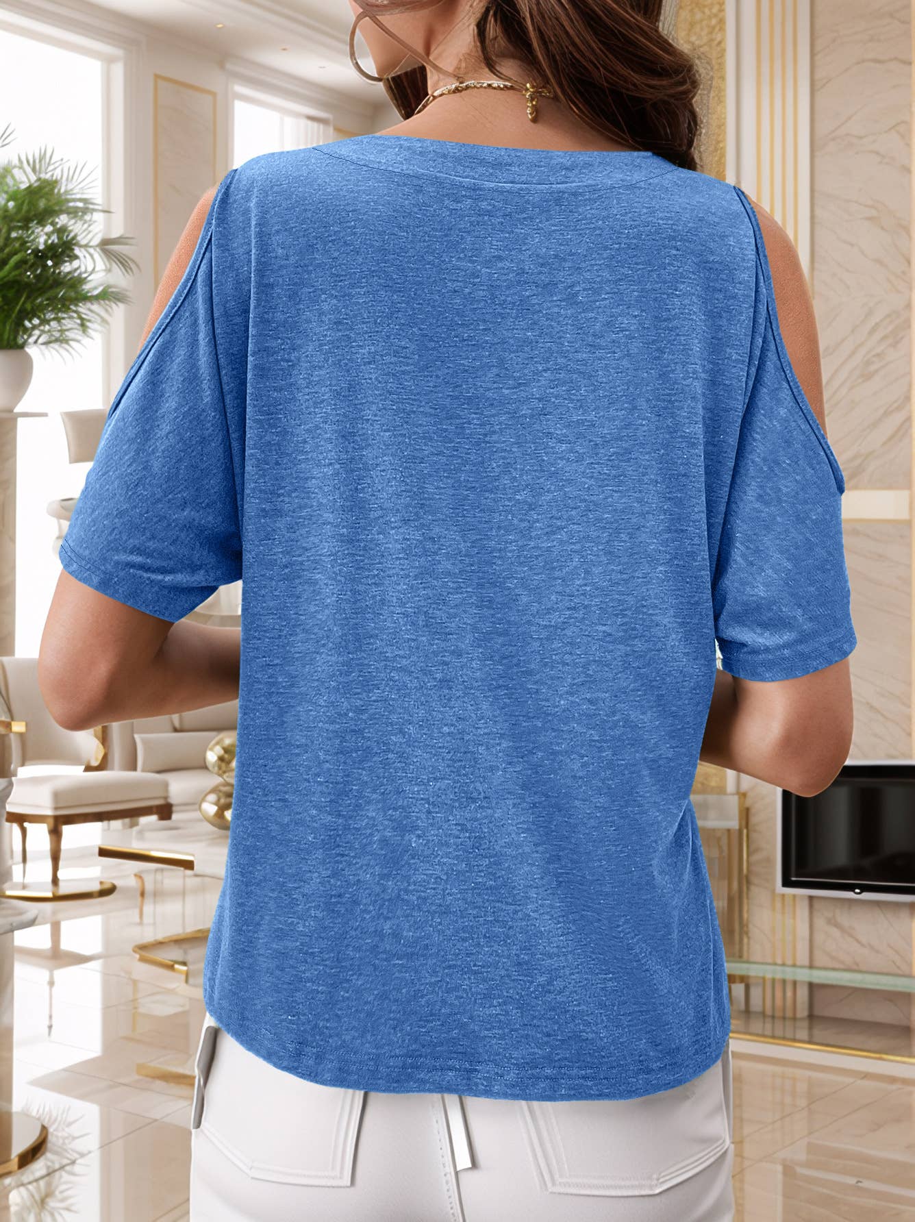 Solid-color off-the-shoulder short-sleeved Top