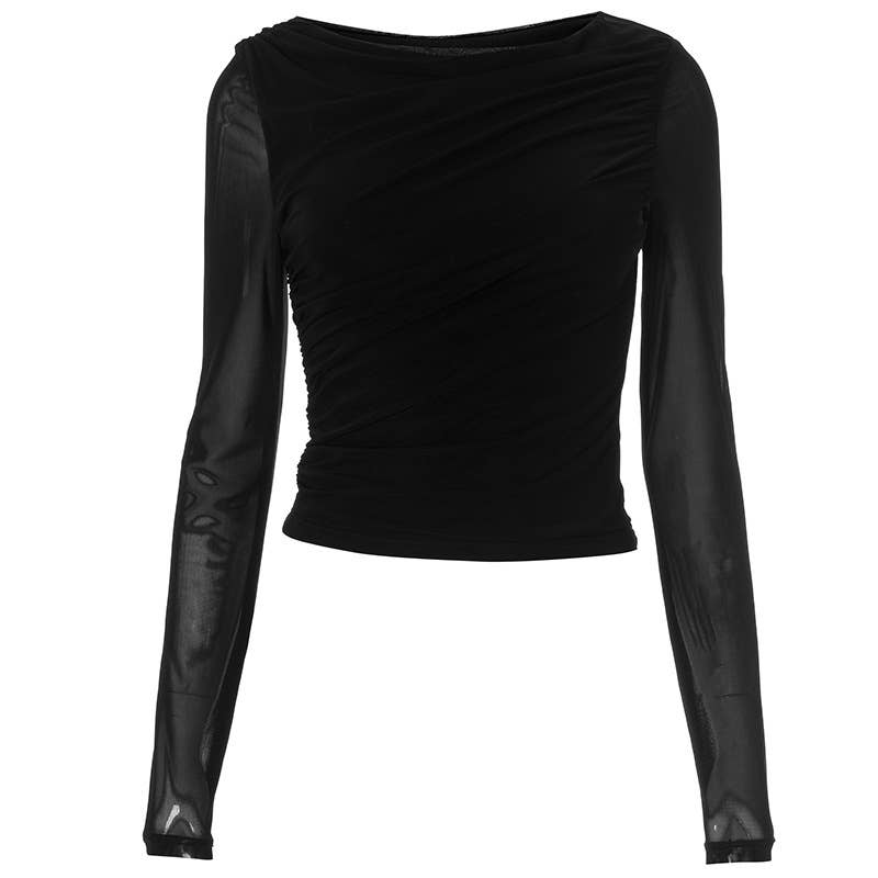 ROUND NECK SOLID COLOR MESH PLEATED CROP TOP