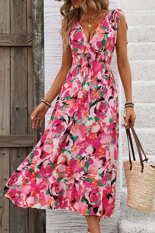 CWDMD2383_V-NECK SLEEVELESS CORSETED PRINTED DRESS