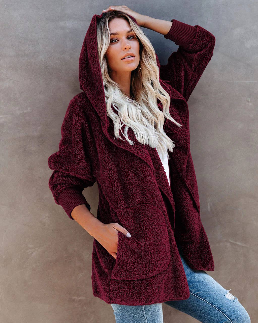 LONG SLEEVE CASUAL HOODED SOLID COLOR CARDIGAN