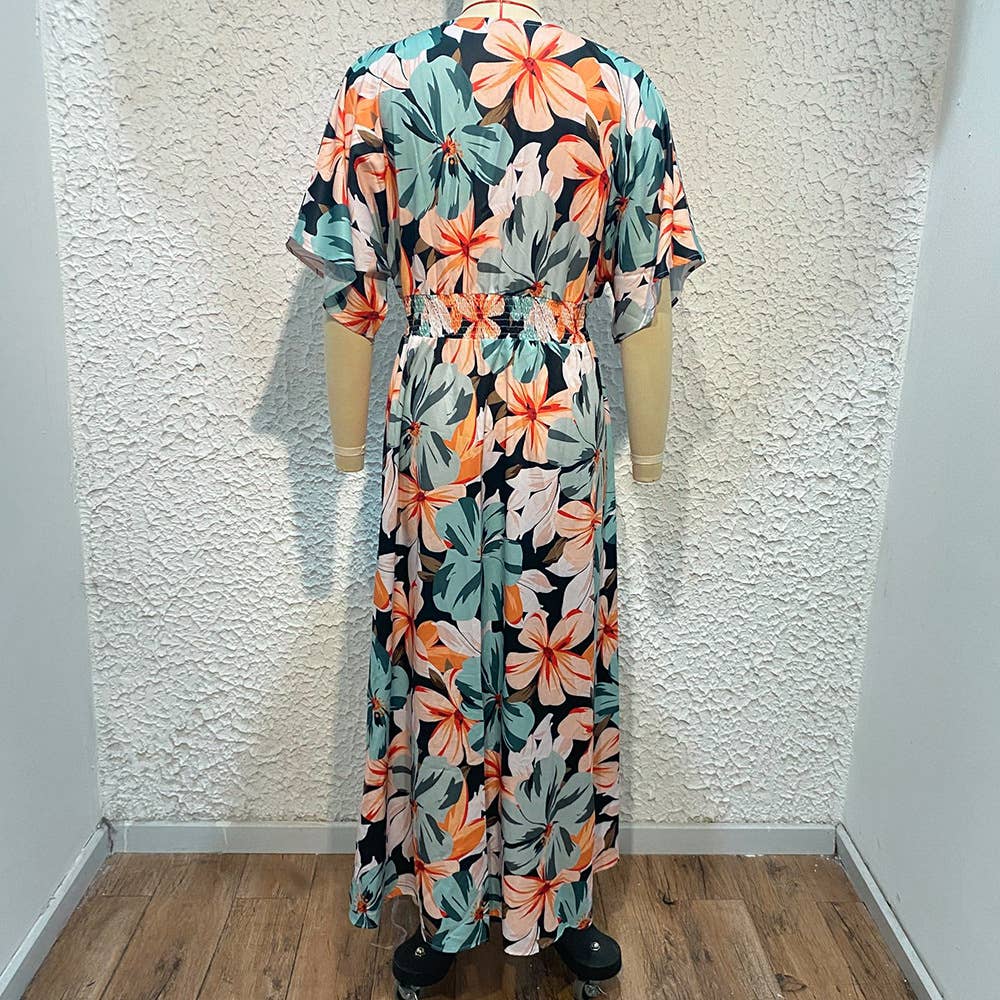 STYLISH V-NECK SLITS PRINT DRESS