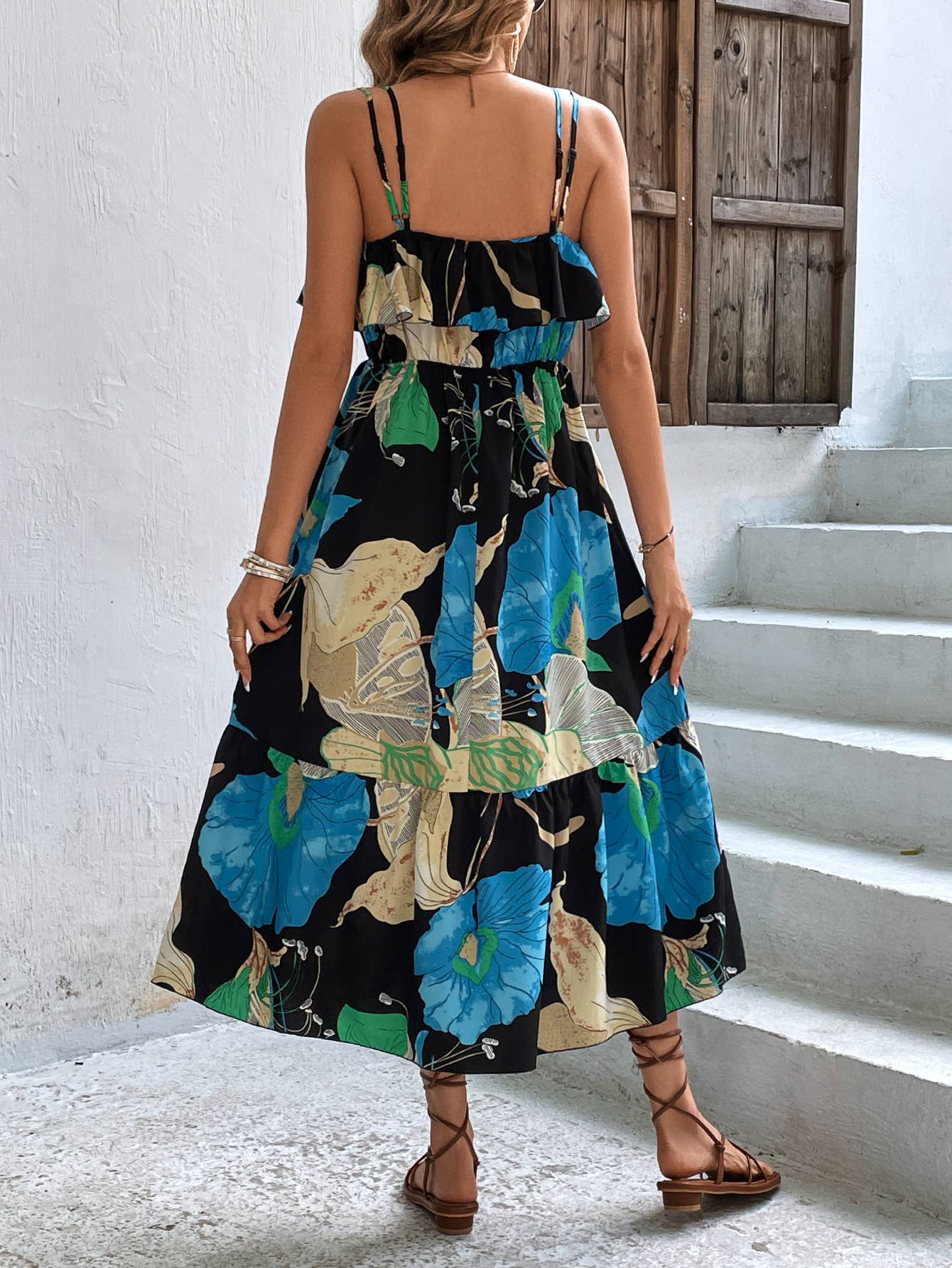 Printed high-waisted ear-edge strapless dress