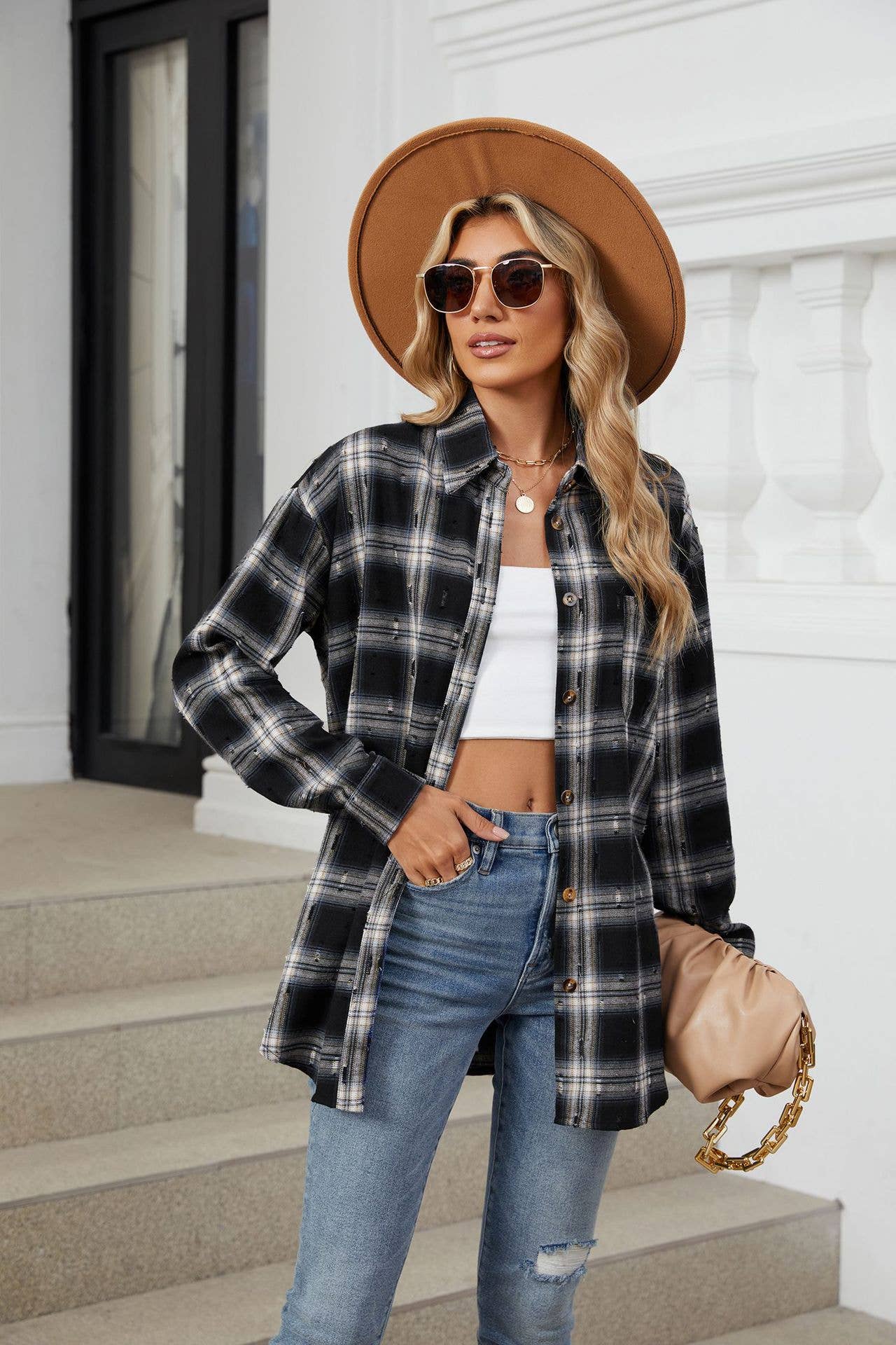 VINTAGE CROCHETED LONG-SLEEVED LAPEL PLAID SHIRT