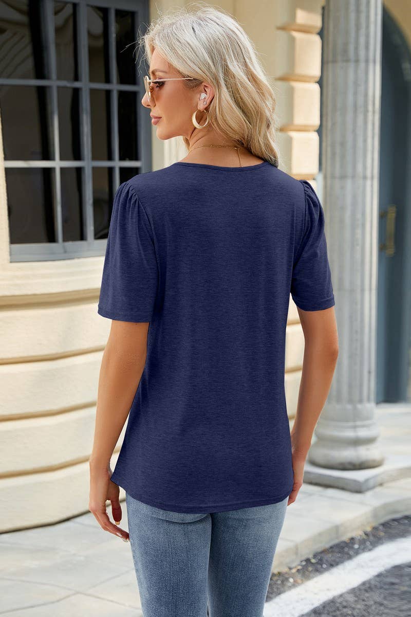 SOLID COLOR ROUND NECK SHORT SLEEVE PLEATED TOP_CWTSTS0343