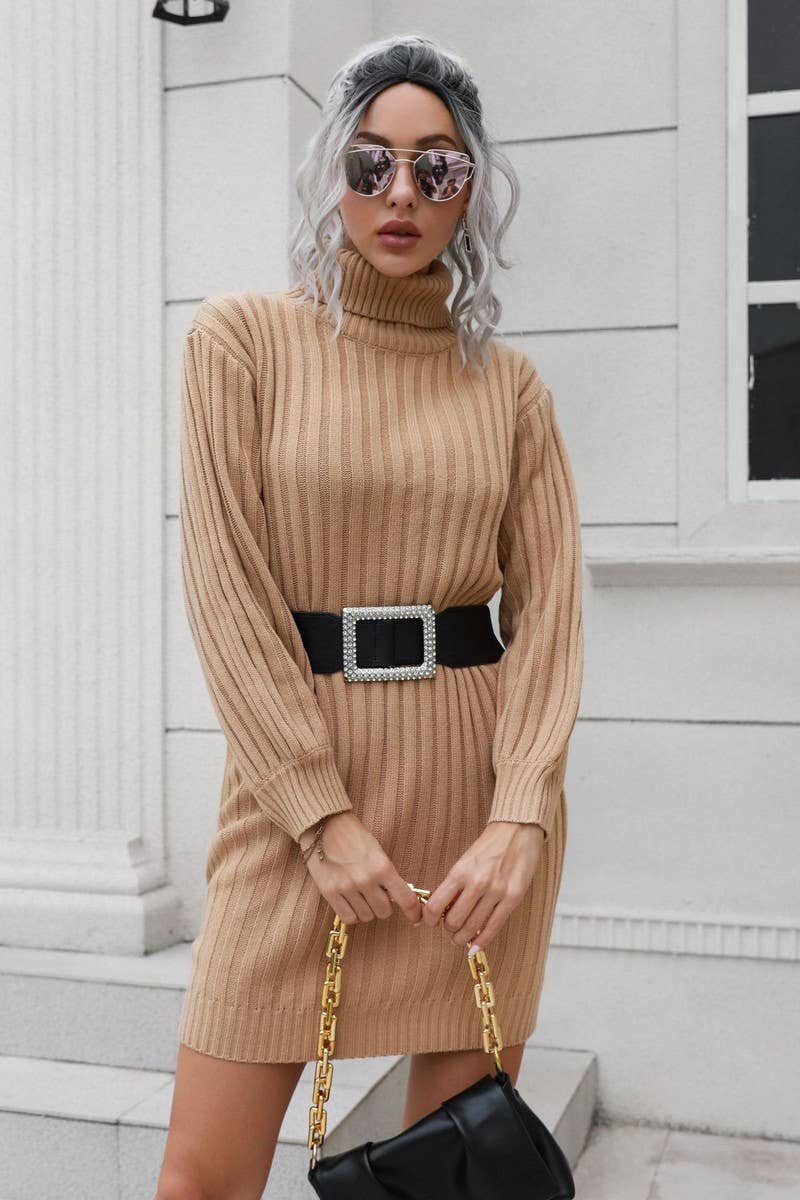 CWDSD5969_RIBBED TURTLENECK KNITTED SWEATER DRESS