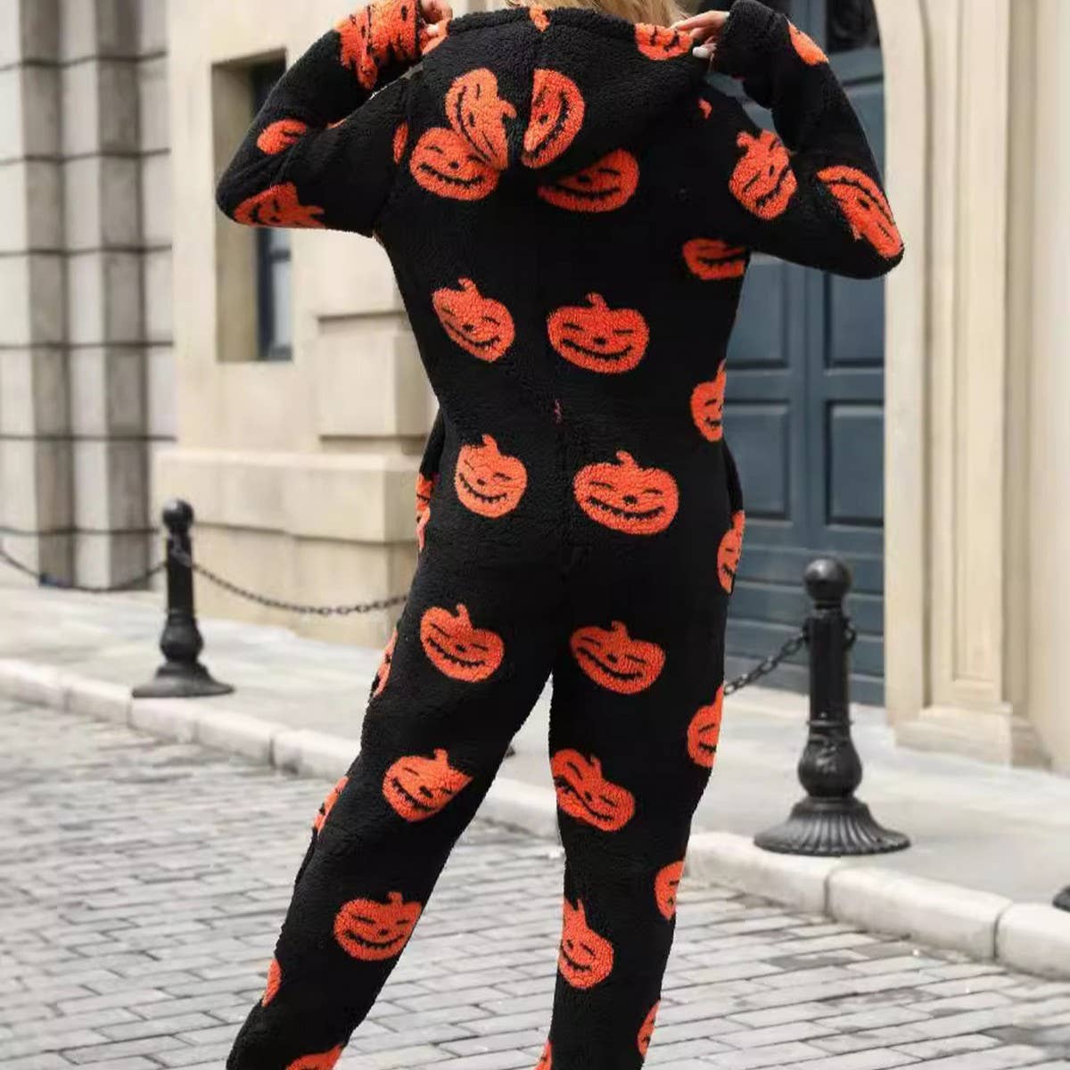 Pumpkin print zipper loose plush jumpsuit