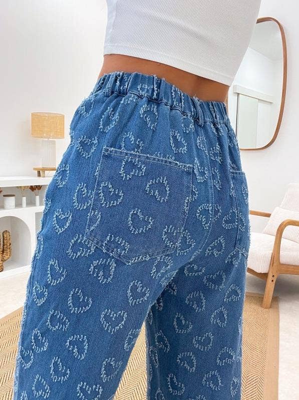 Heart crochet denim relaxed straight pants