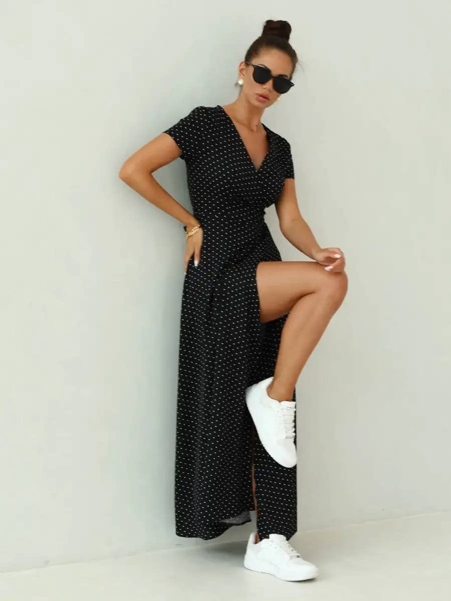 V-neck lace-up slim polka dot casual long dress
