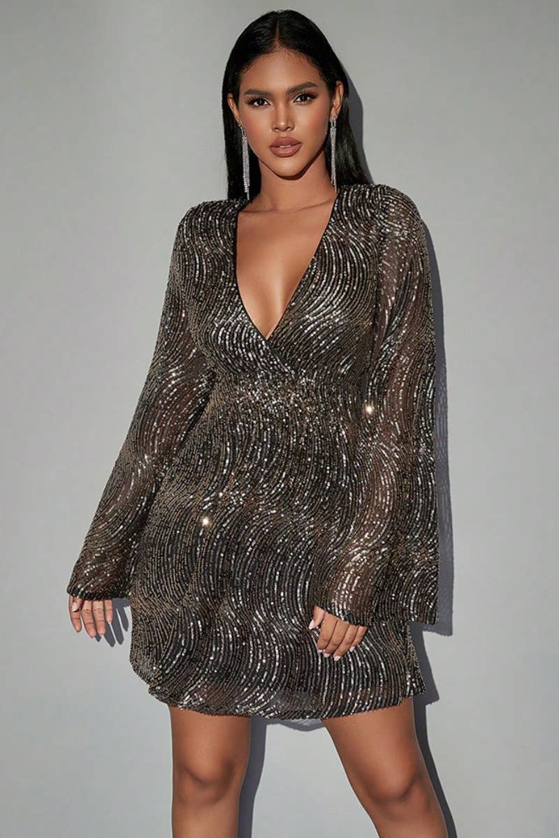 CWDSD4294_SEQUIN LONG SLEEVE MESH DEEP V SWING DRESS