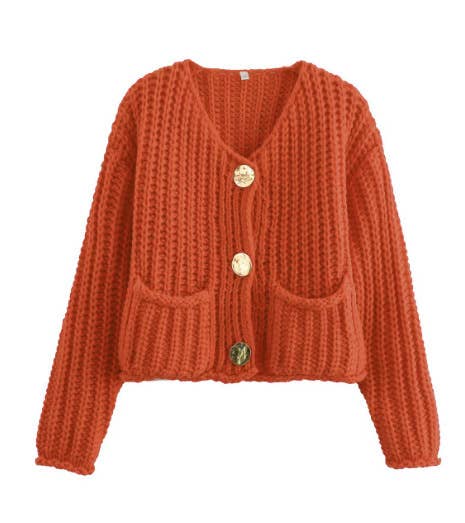 SOLID COLOR SINGLE ROW ROUND BUTTON KNIT CARDIGAN