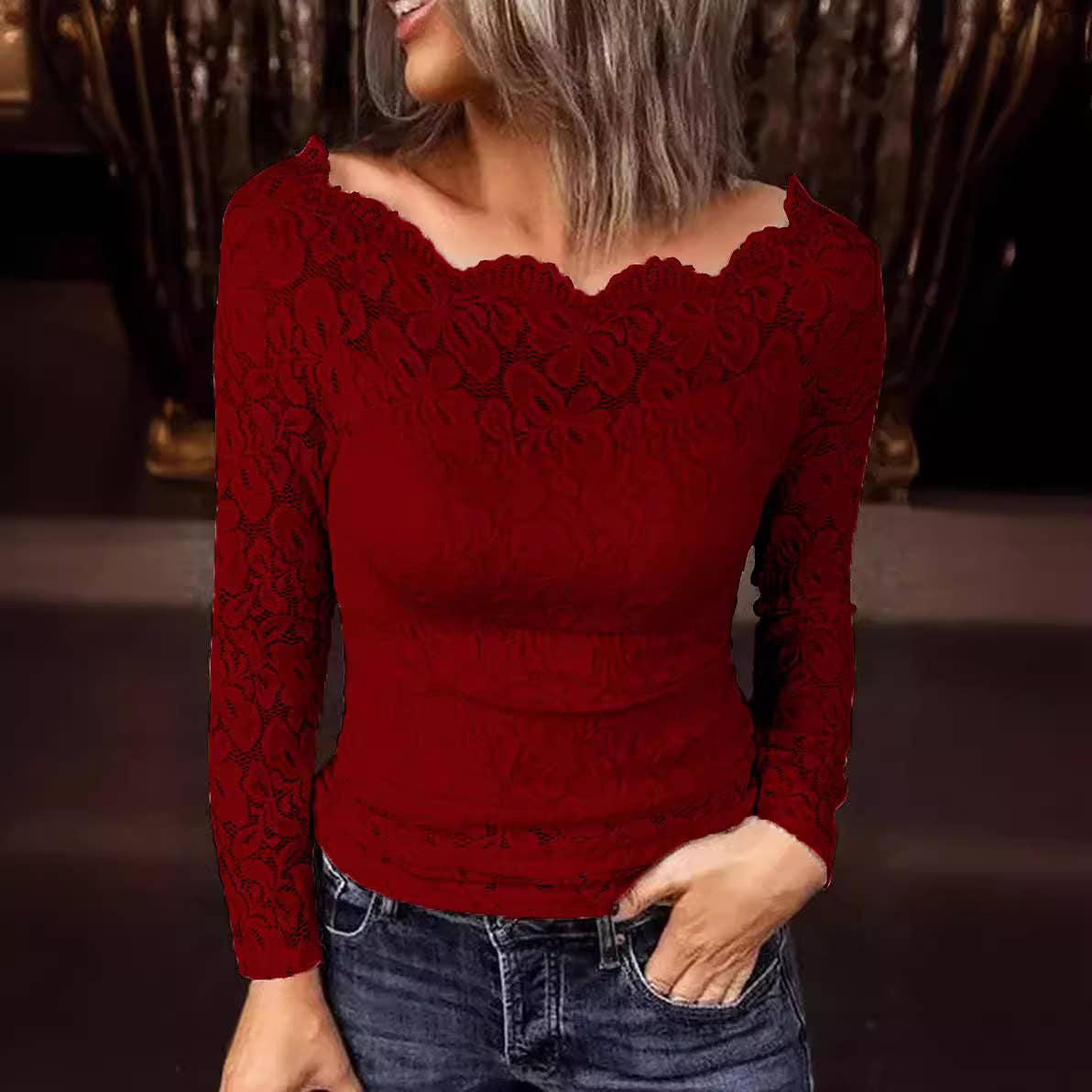 LINE COLLAR LACE PATCHWORK SOLID COLOR SHIRT