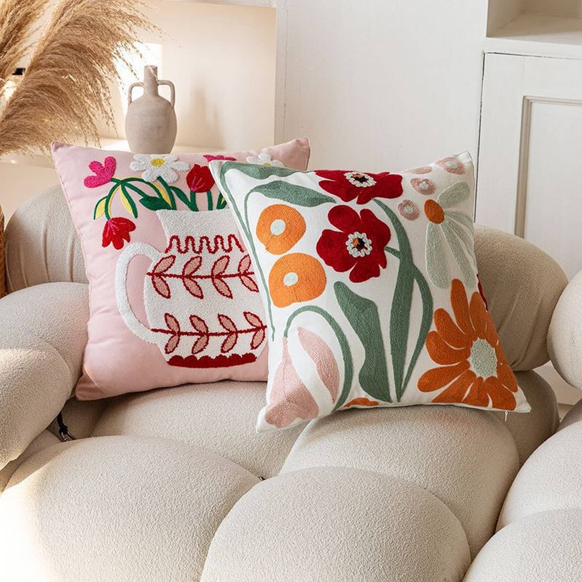 Floral Embroidered Square Pillow Cover Sofa Cushion