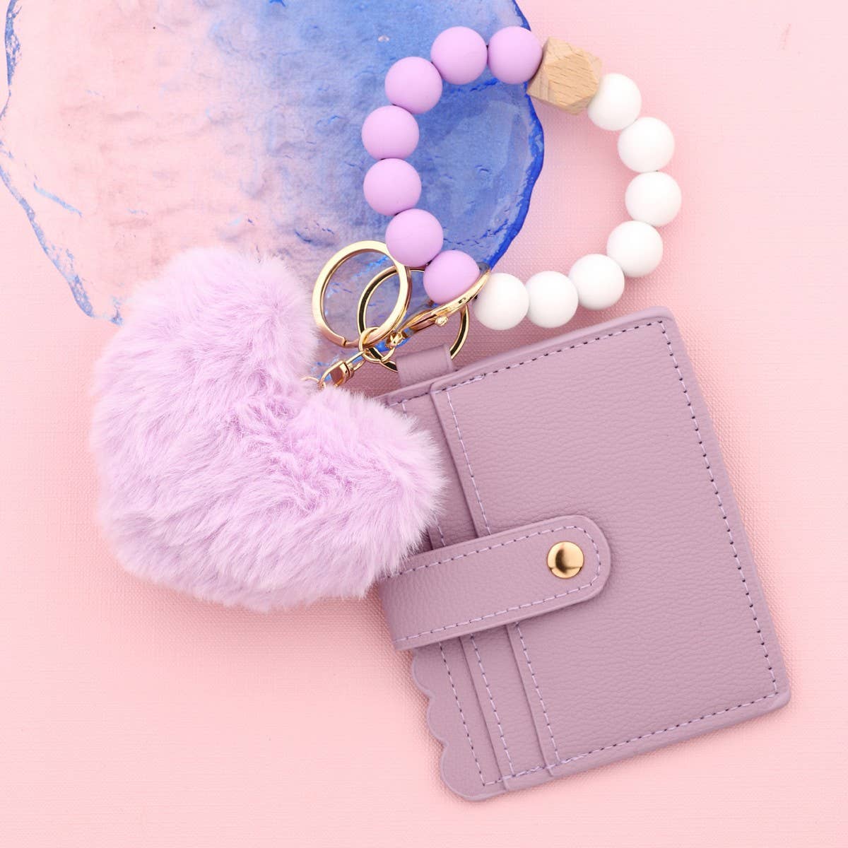 Heart Fur Ball Keychain Wallet with Bead Bracelet_CUAB00448