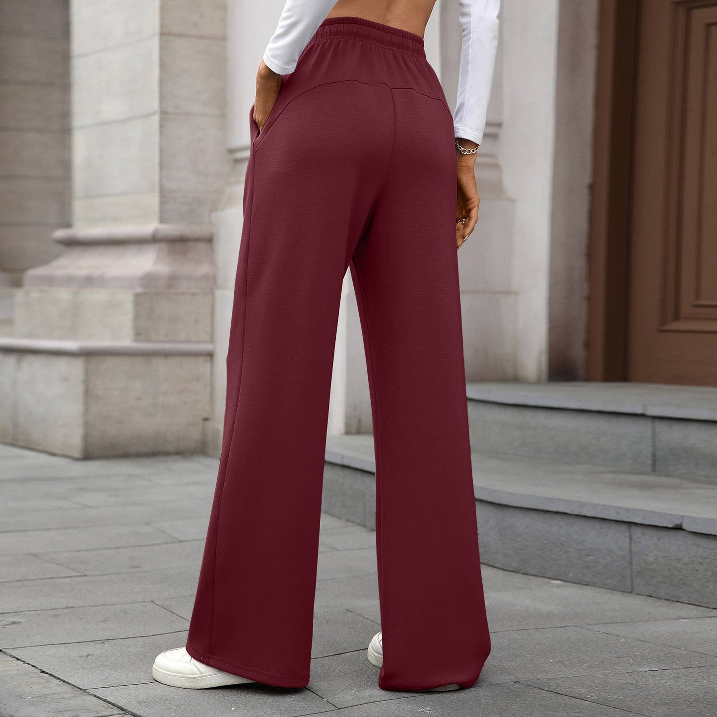 Solid color stretch waist loose straight pants