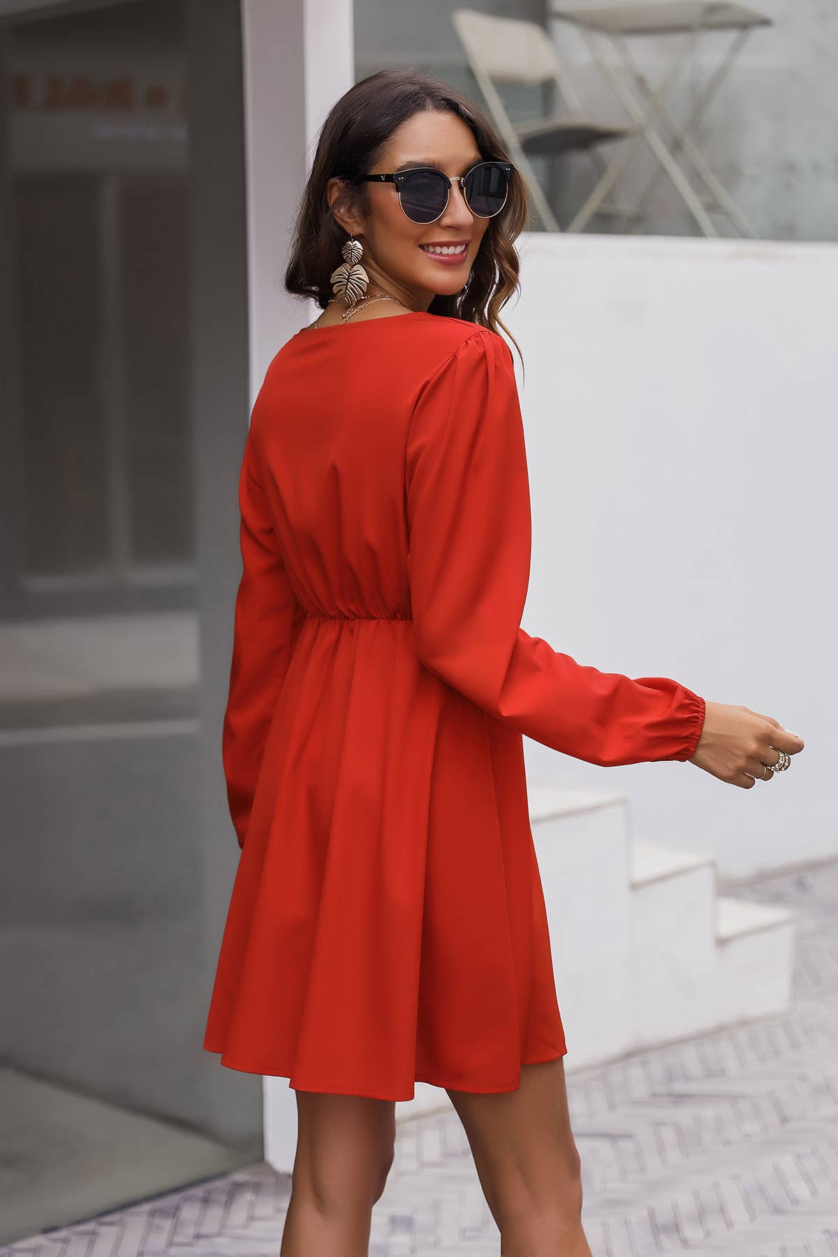 LONG-SLEEVED CASUAL V-NECK WAIST DRESS