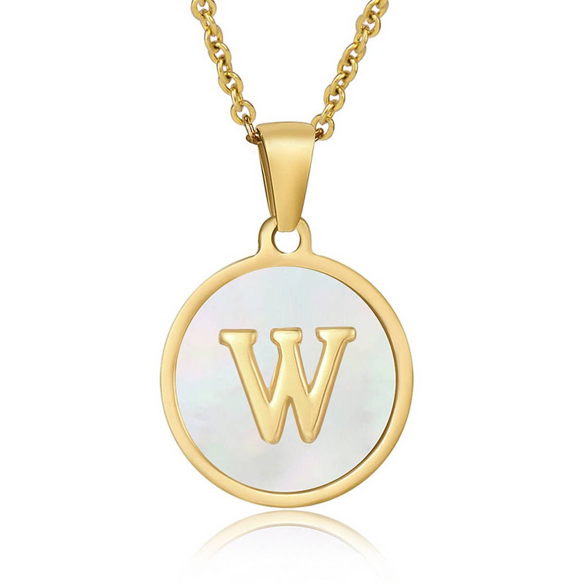 CWAJE1934_Round Stainless Steel White Shell Letter Necklace