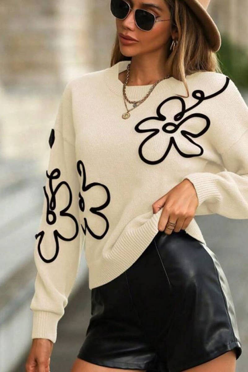 CWOSWL07304_3D FLORAL EMBROIDERED CREWNECK KNIT SWEATER