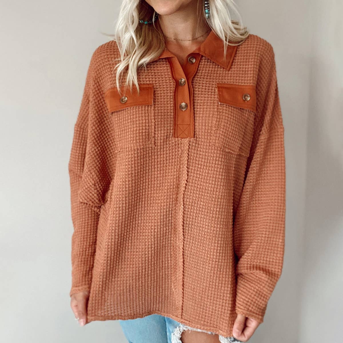SIMPLE WAFFLE KNIT LONG SLEEVE TOP
