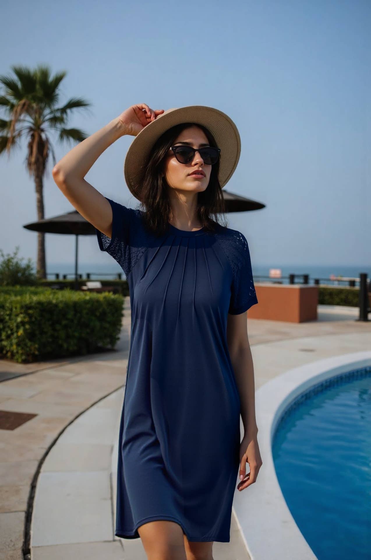 Solid-color hollowed-out lace round-neck dress