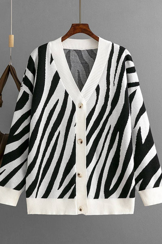 CWOCAL00673_SINGLE BUTTON STRIPED KNIT CARDIGAN