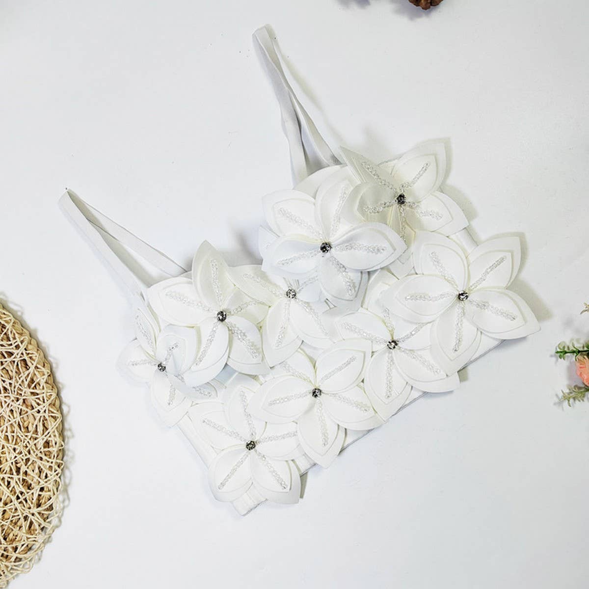 FLOWER BEADED HERRINGBONE BRA WITH PADS