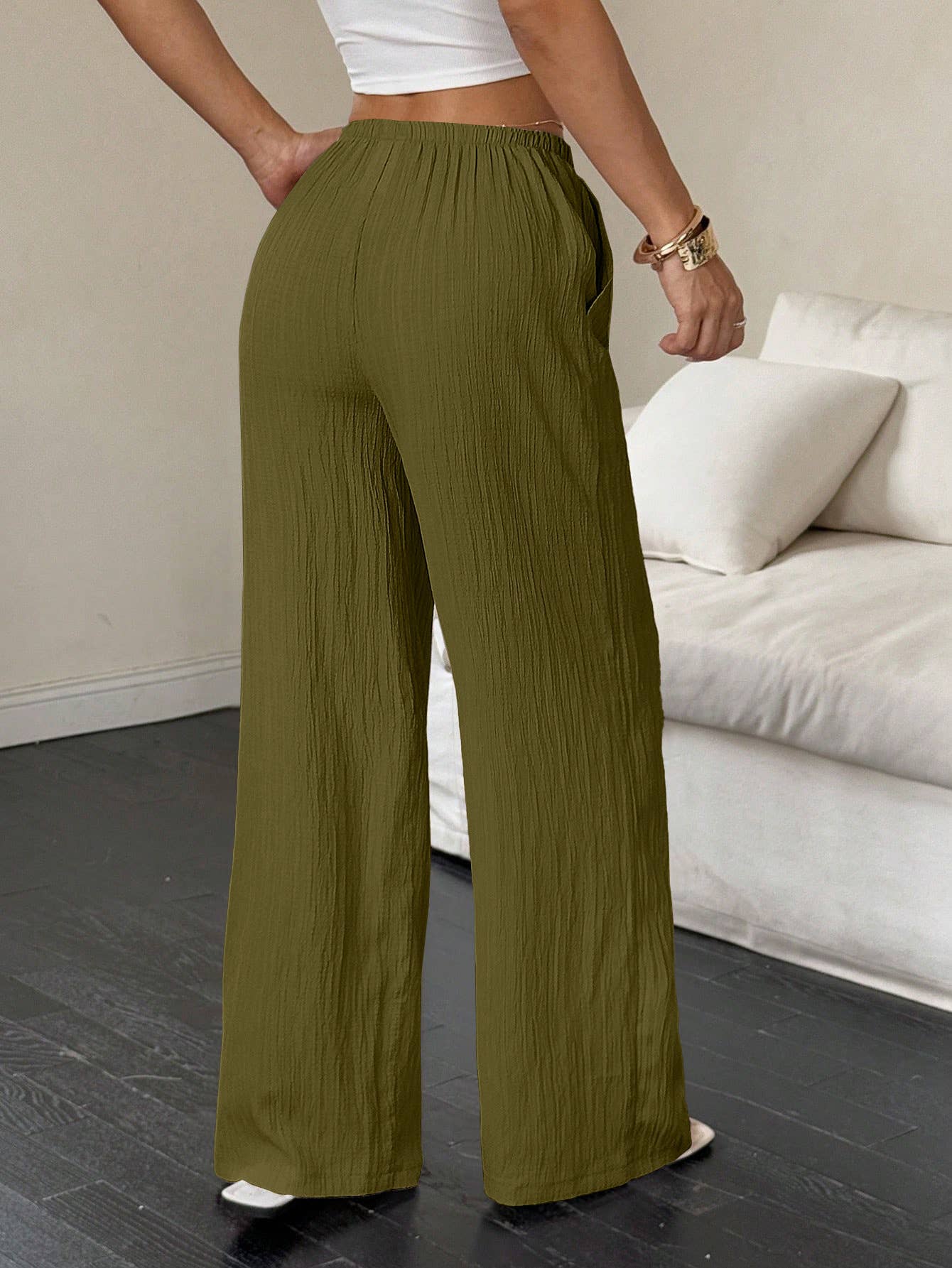 Solid-color textured drawstring wide-leg pants