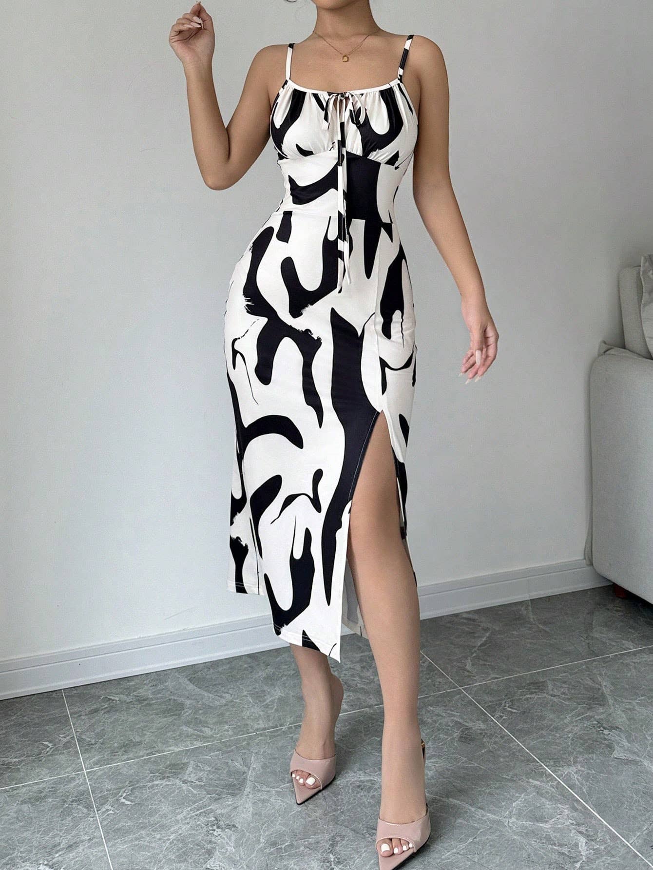 Intellectual style cow print halter slit dress