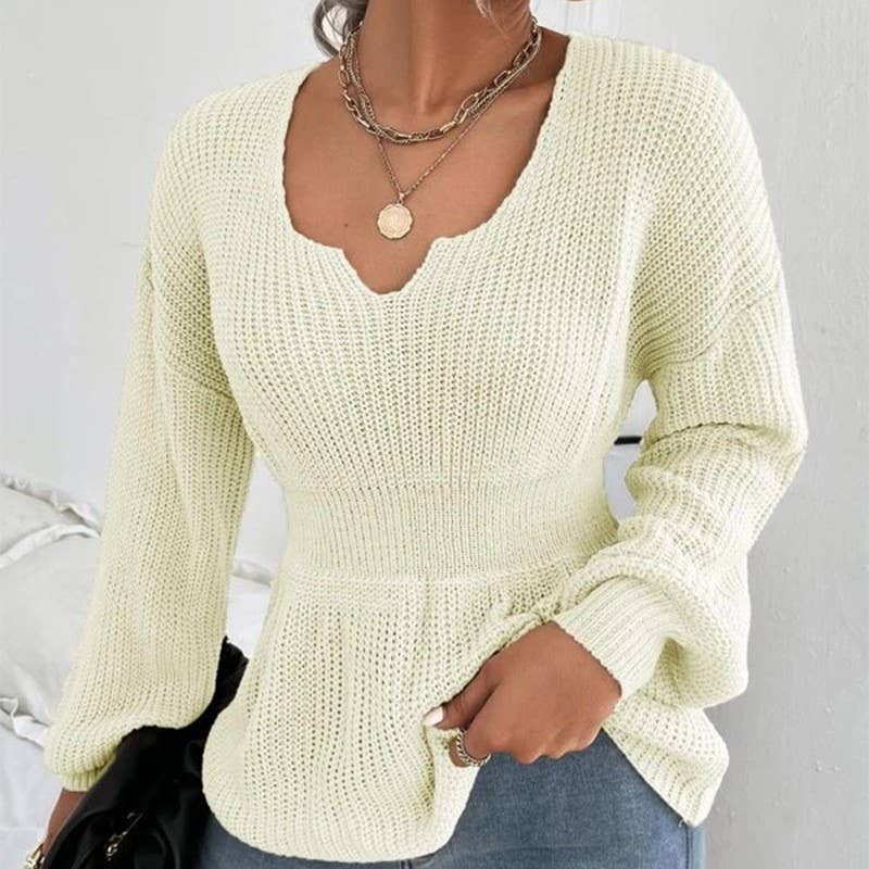 V-NECK SOLID COLOR LONG SLEEVE RUFFLED KNIT