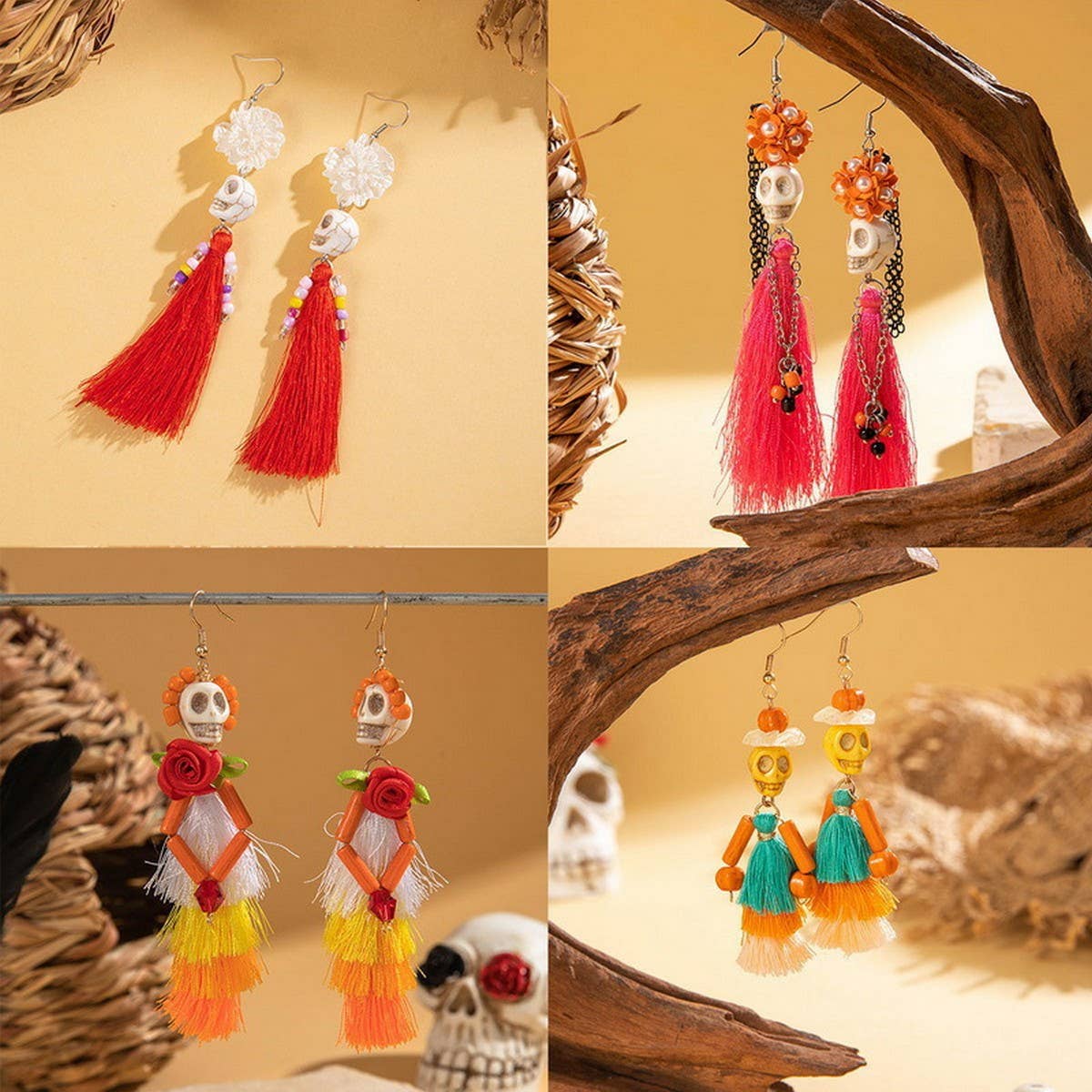 CWAJE2507_HALLOWEEN SKULL TASSEL RICE BEAD EARRINGS