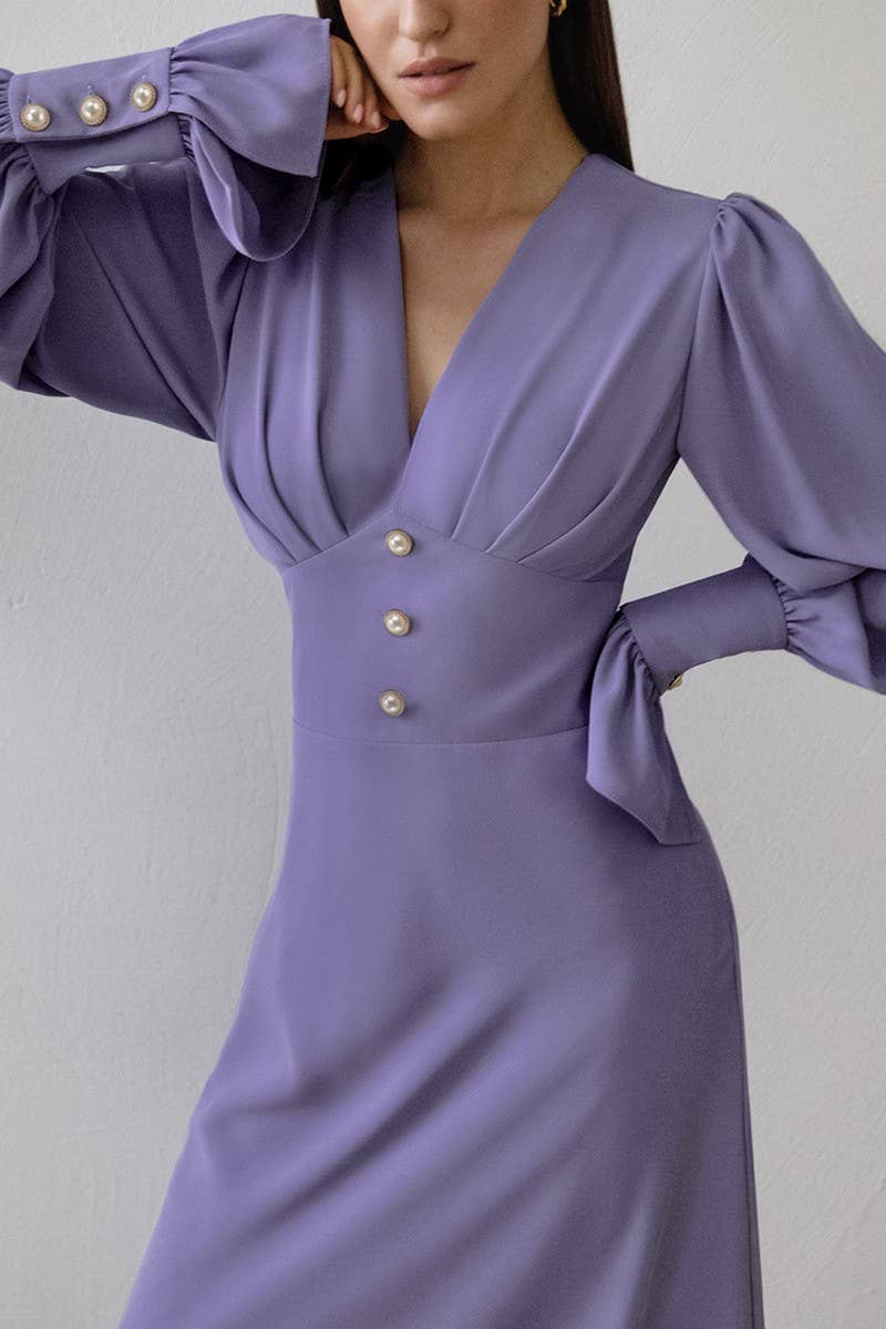 CWDMD4260_LANTERN SLEEVE V-NECK RETRO SLIM DRESS