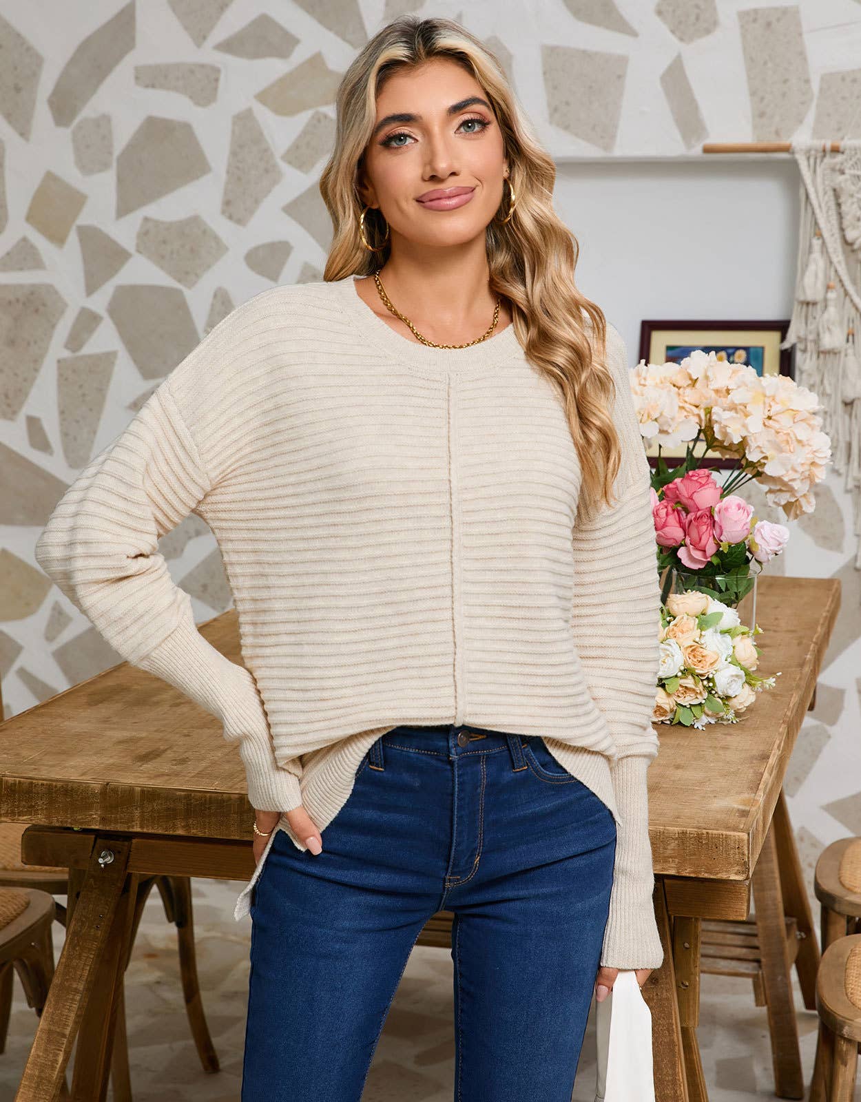 STYLISH CREW-NECK LONG-SLEEVED PULLOVER SWEATER_