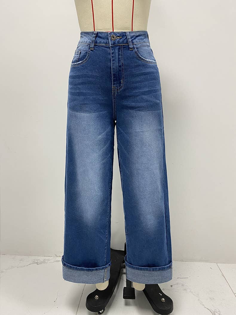Fashion High-Waist Rolled Hem Straight-Leg Jeans