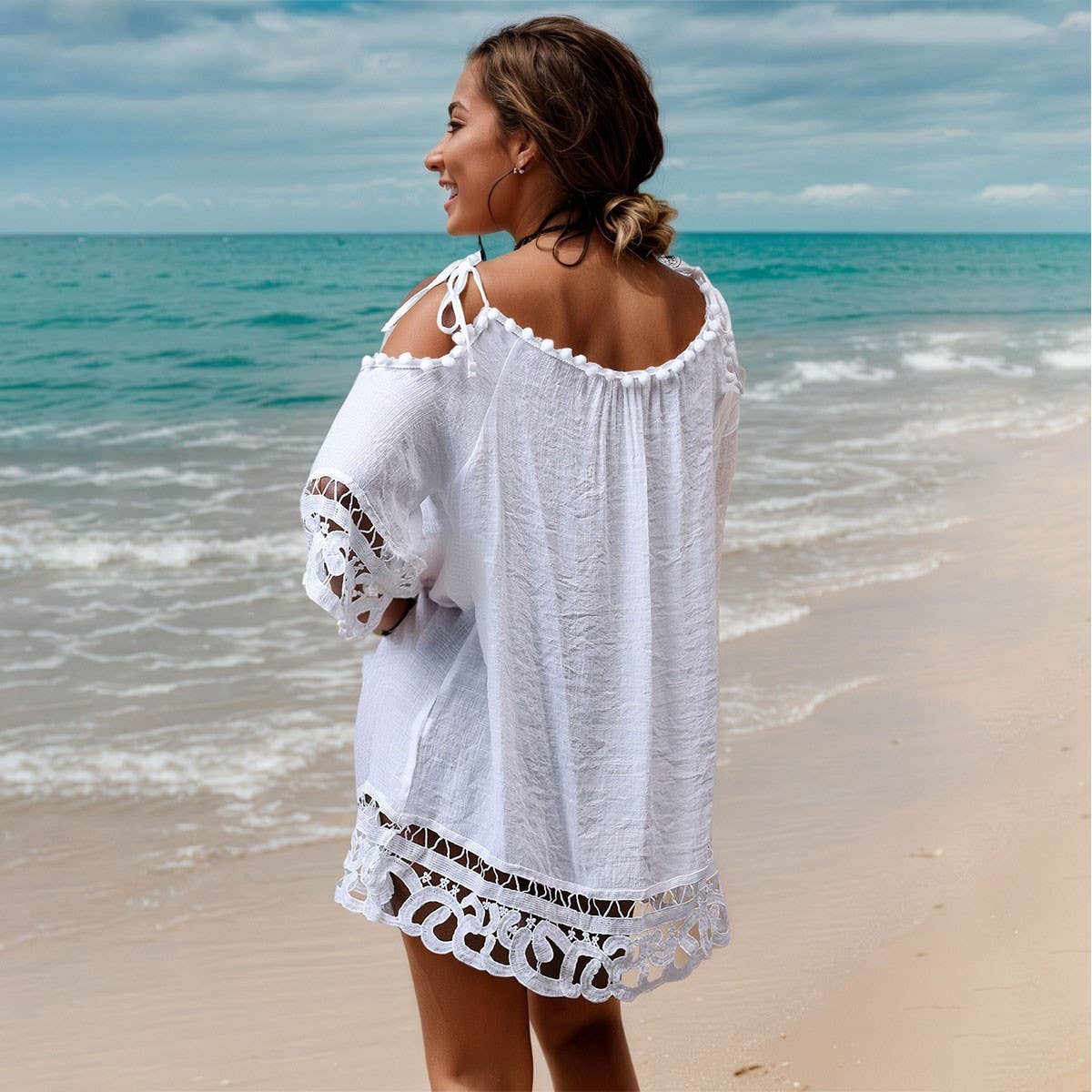 Loose Fit Lace Trim Beach Dress for Vacation