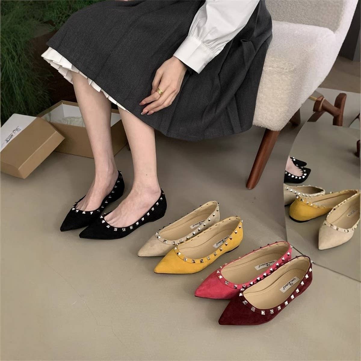 Wedge Pointed Studded Apricot Loafers