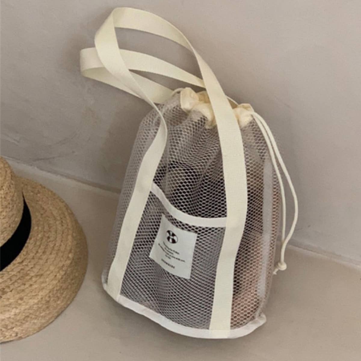 MESH BEACH BAG DRAWSTRING BREATHABLE STORAGE BAG_CWAB1917
