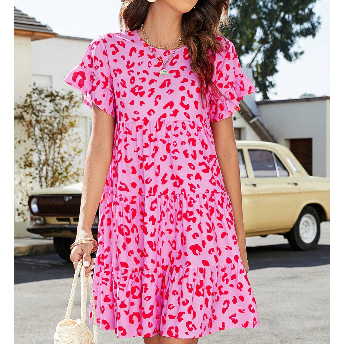 Leopard print floral crew-neck casual loose dress