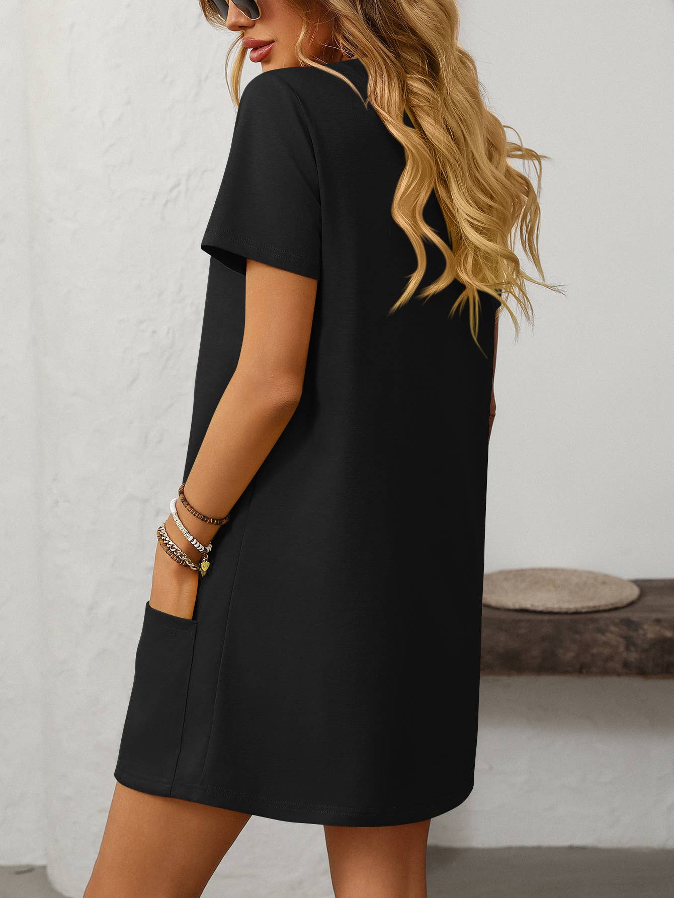 Square-neck short-sleeved casual pockets dress