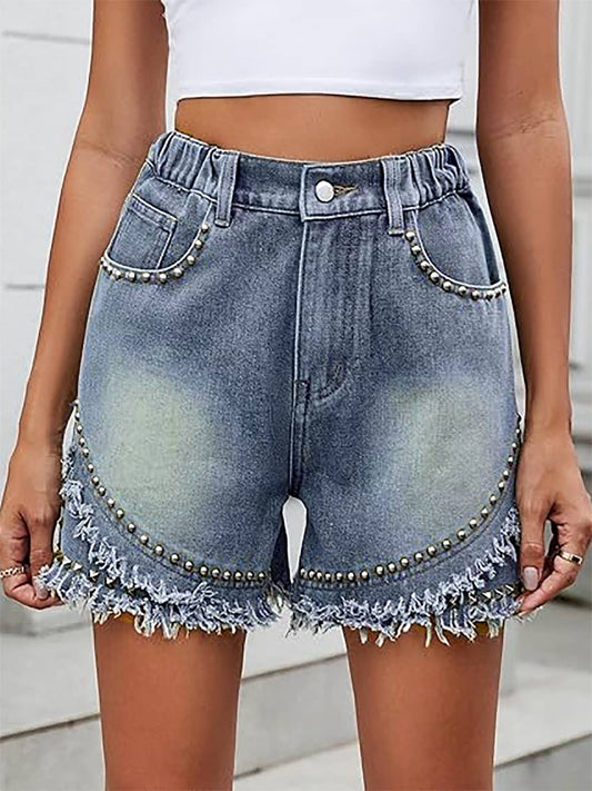 Rubber band waist rivets punk-style denim shorts