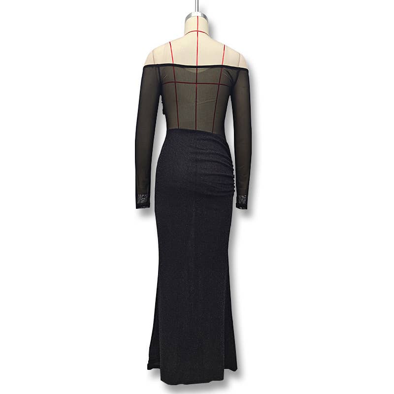 Off Shoulder Sheer Glitter Mesh Dress