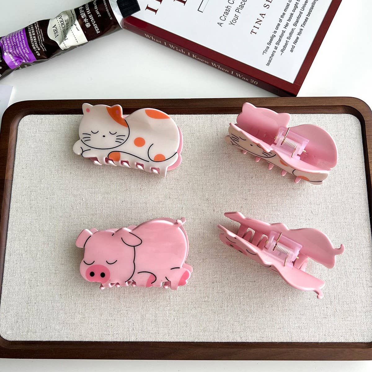 Pink Pig & Cat Acetate Hair Claw Clip for Girls_CWAHA5974