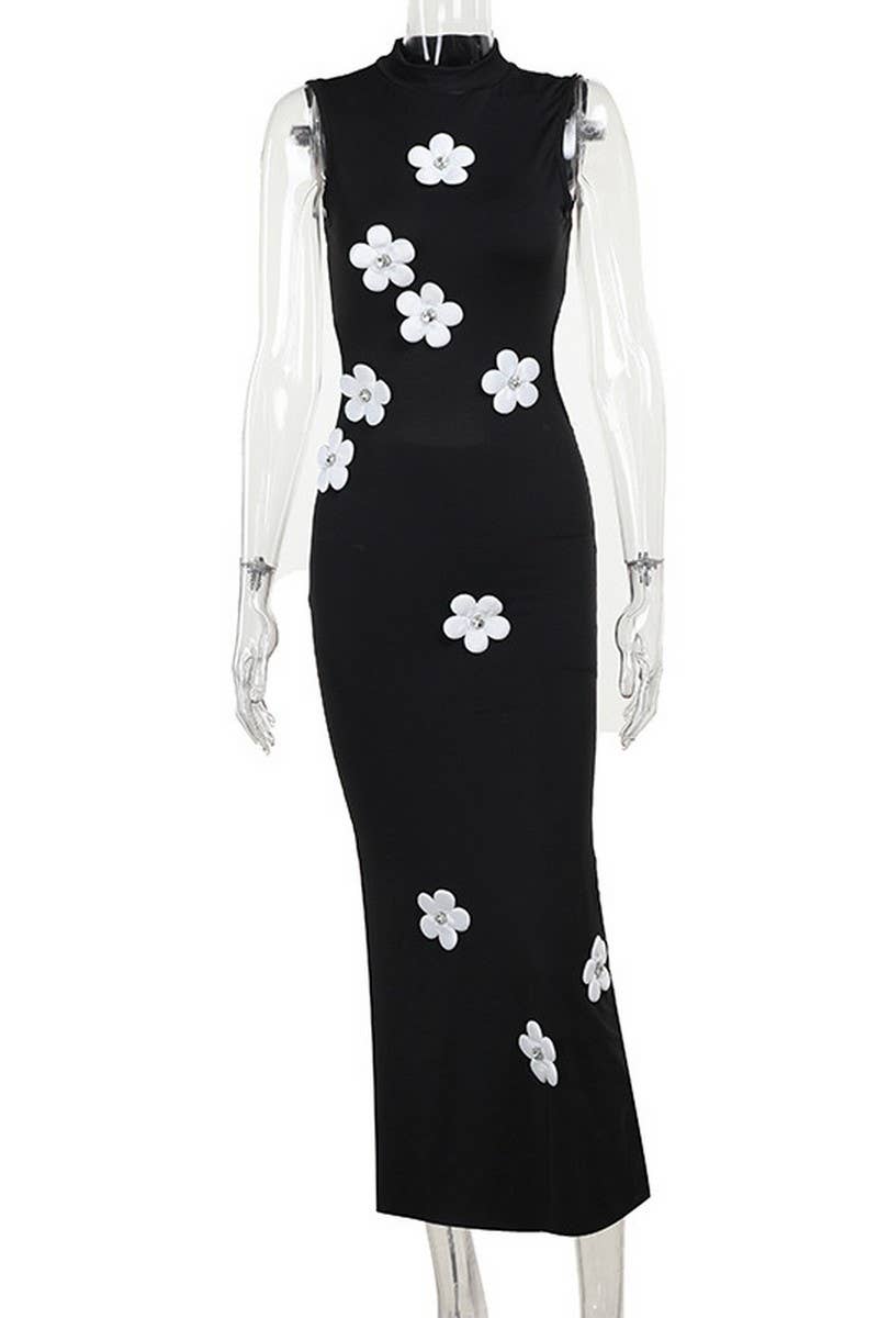 CWDMD4234_THREE-DIMENSIONAL FLOWER HIGH COLLAR DRESS